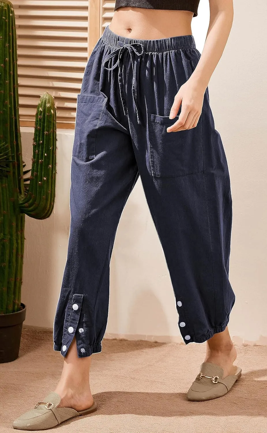 Women's Cropped Drawstring Waist Wide Leg Loose Cotton Linen Capri Pants for Women