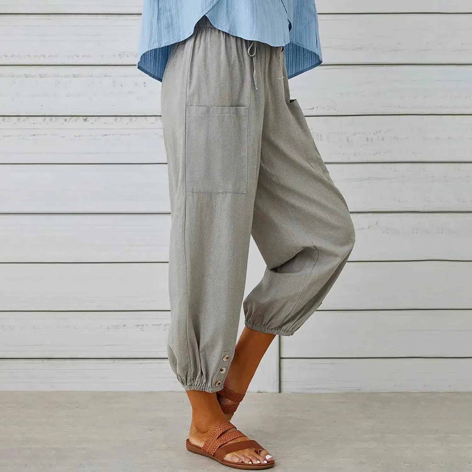 Women's Cropped Drawstring Waist Wide Leg Loose Cotton Linen Capri Pants for Women