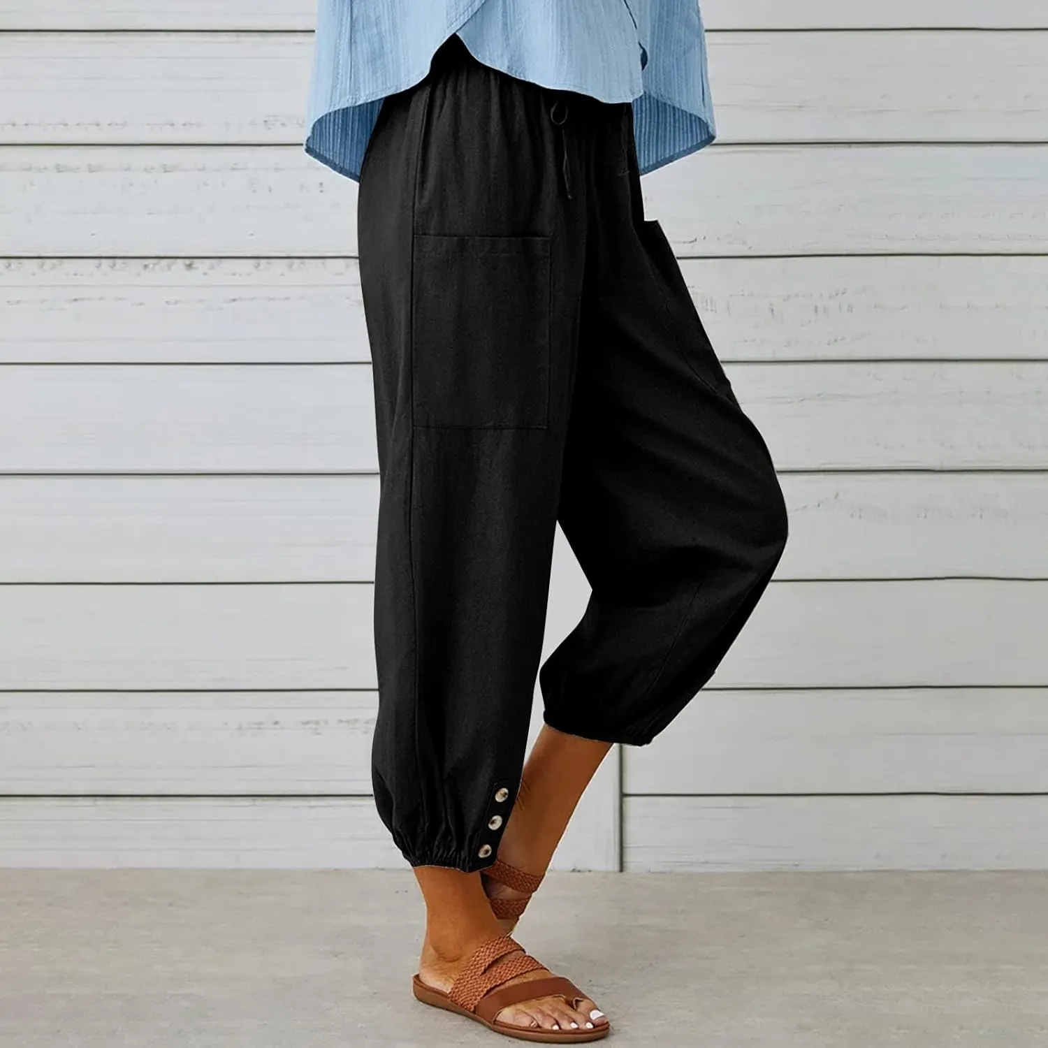 Women's Cropped Drawstring Waist Wide Leg Loose Cotton Linen Capri Pants for Women