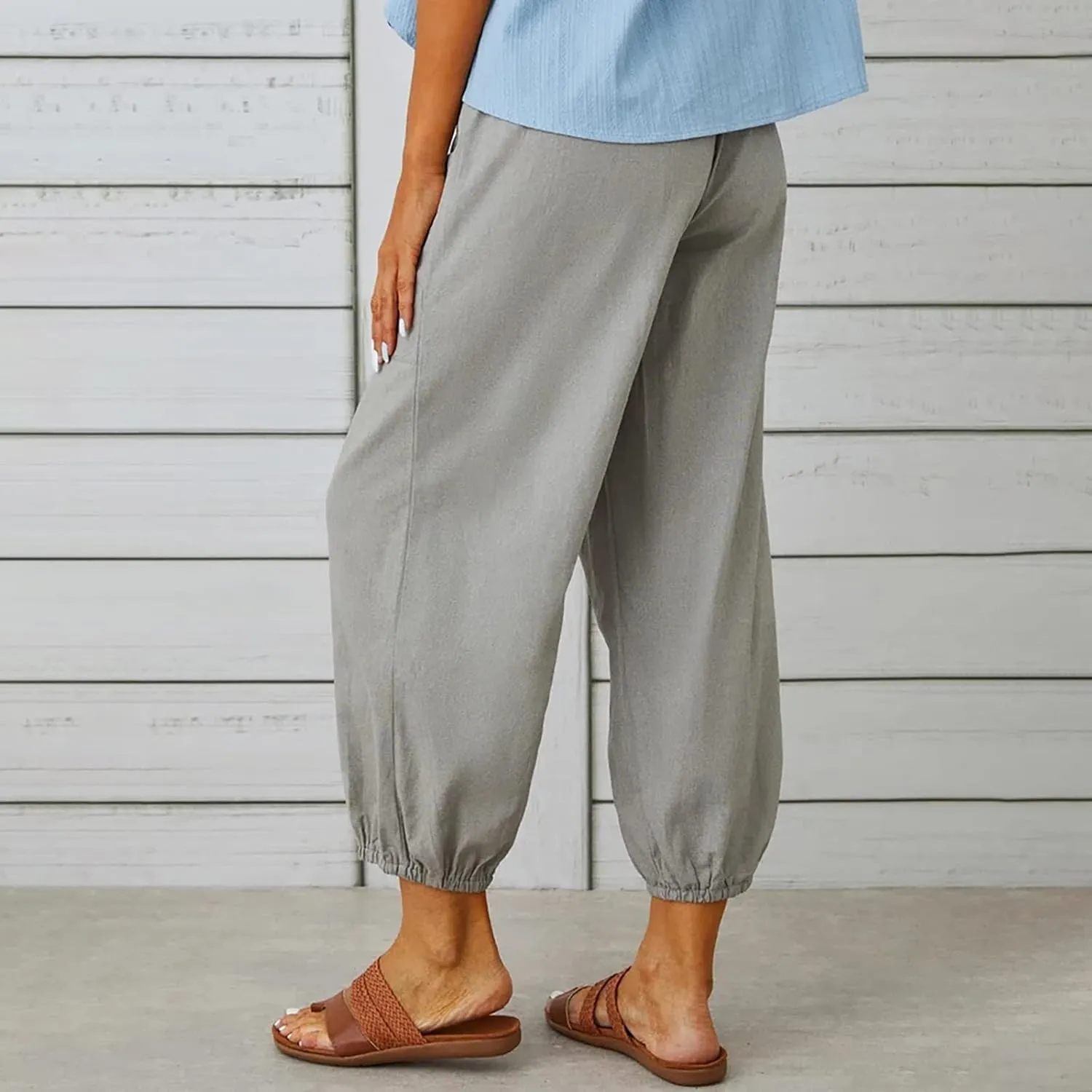 Women's Cropped Drawstring Waist Wide Leg Loose Cotton Linen Capri Pants for Women