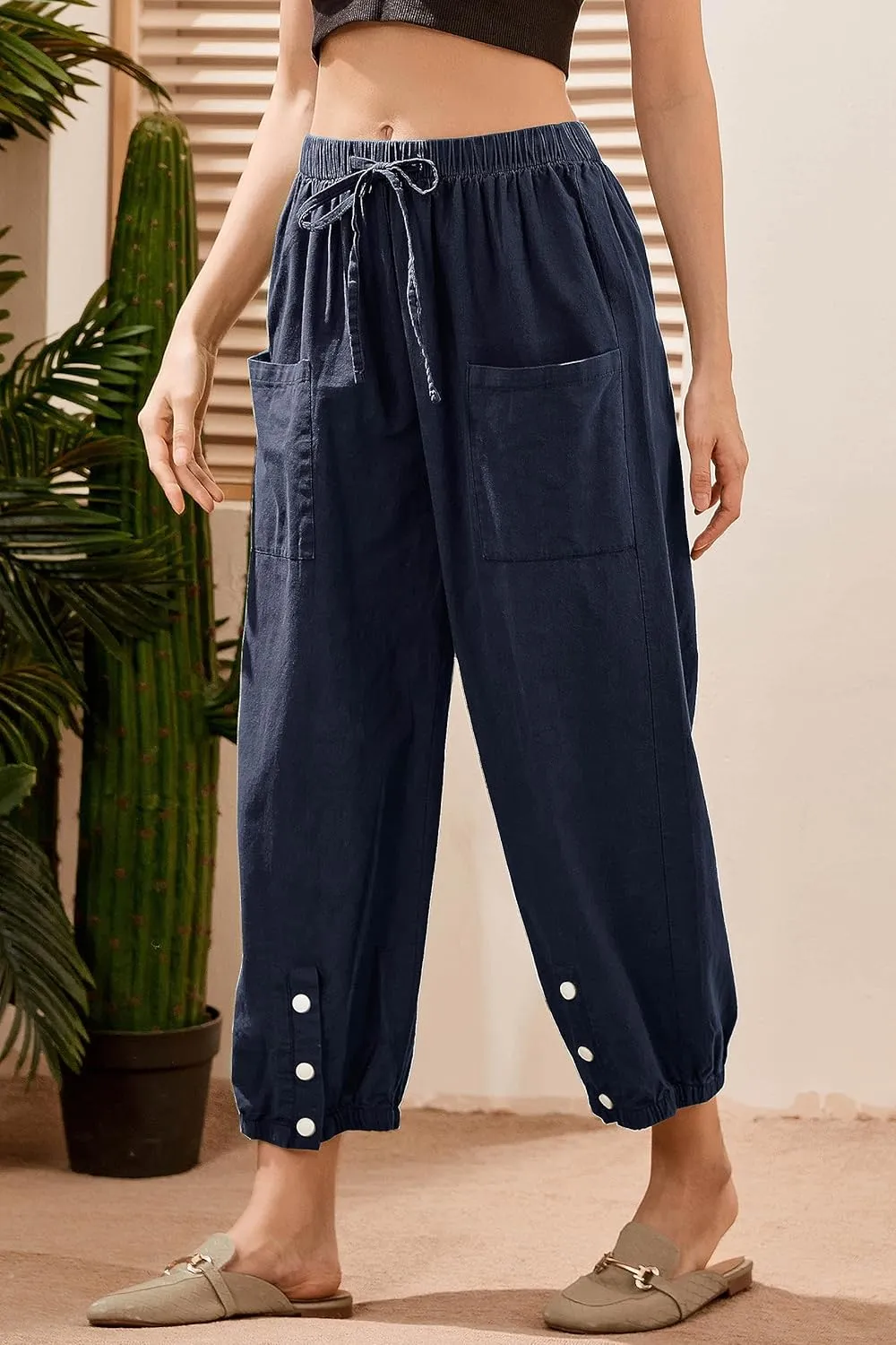 Women's Cropped Drawstring Waist Wide Leg Loose Cotton Linen Capri Pants for Women