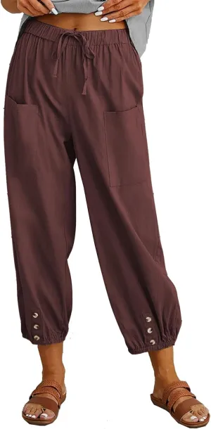 Women's Cropped Drawstring Waist Wide Leg Loose Cotton Linen Capri Pants for Women