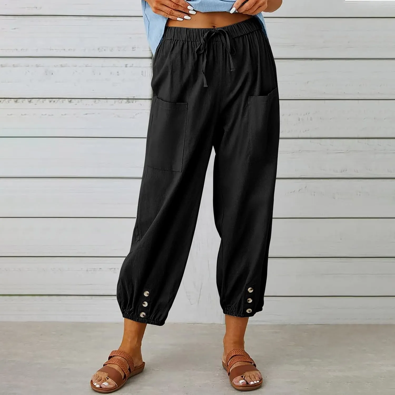 Women's Cropped Drawstring Waist Wide Leg Loose Cotton Linen Capri Pants for Women