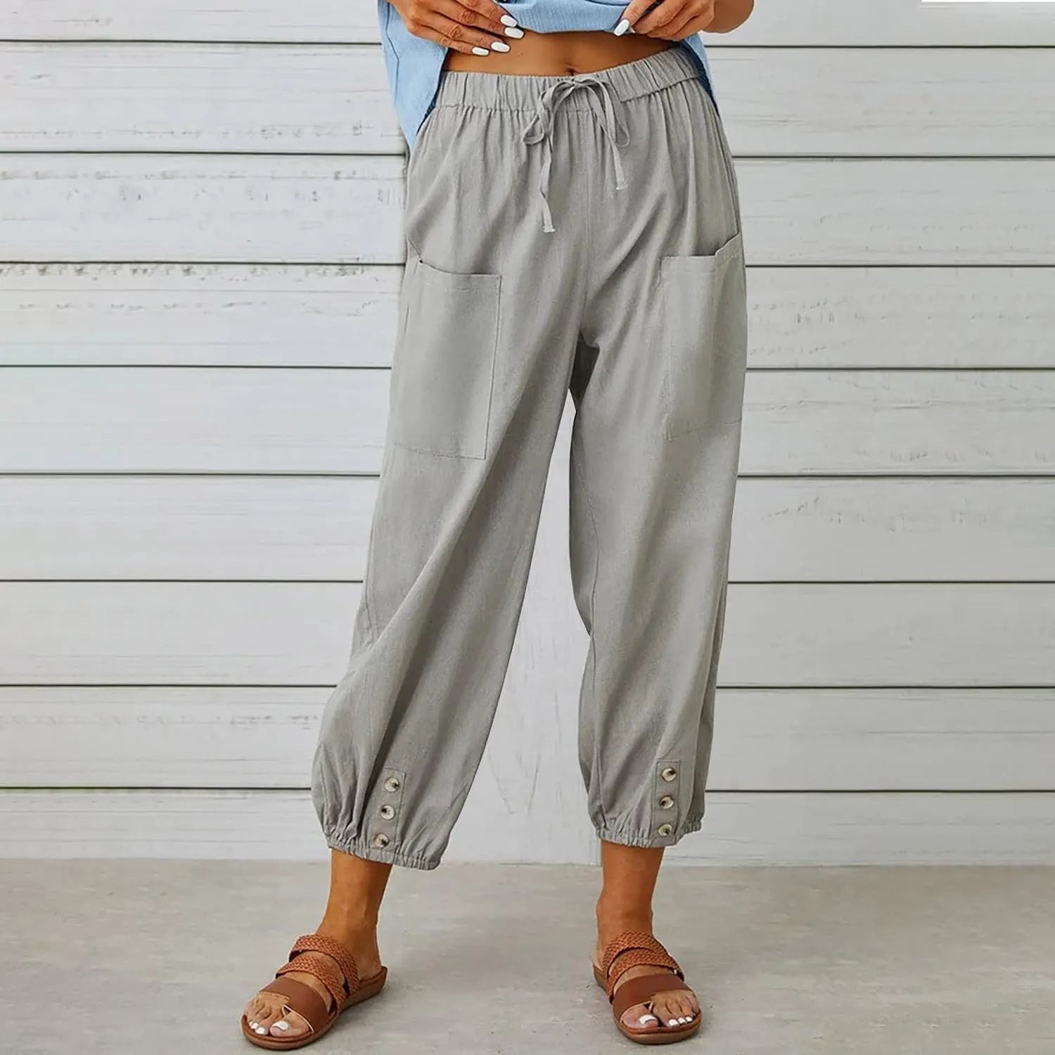 Women's Cropped Drawstring Waist Wide Leg Loose Cotton Linen Capri Pants for Women