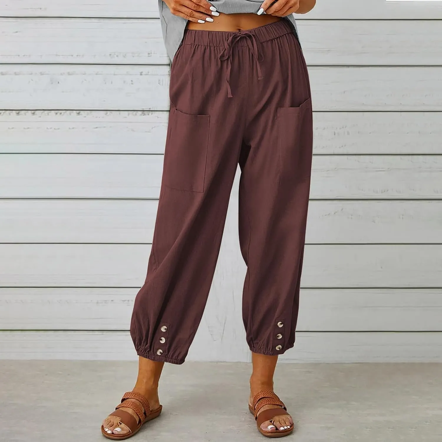 Women's Cropped Drawstring Waist Wide Leg Loose Cotton Linen Capri Pants for Women