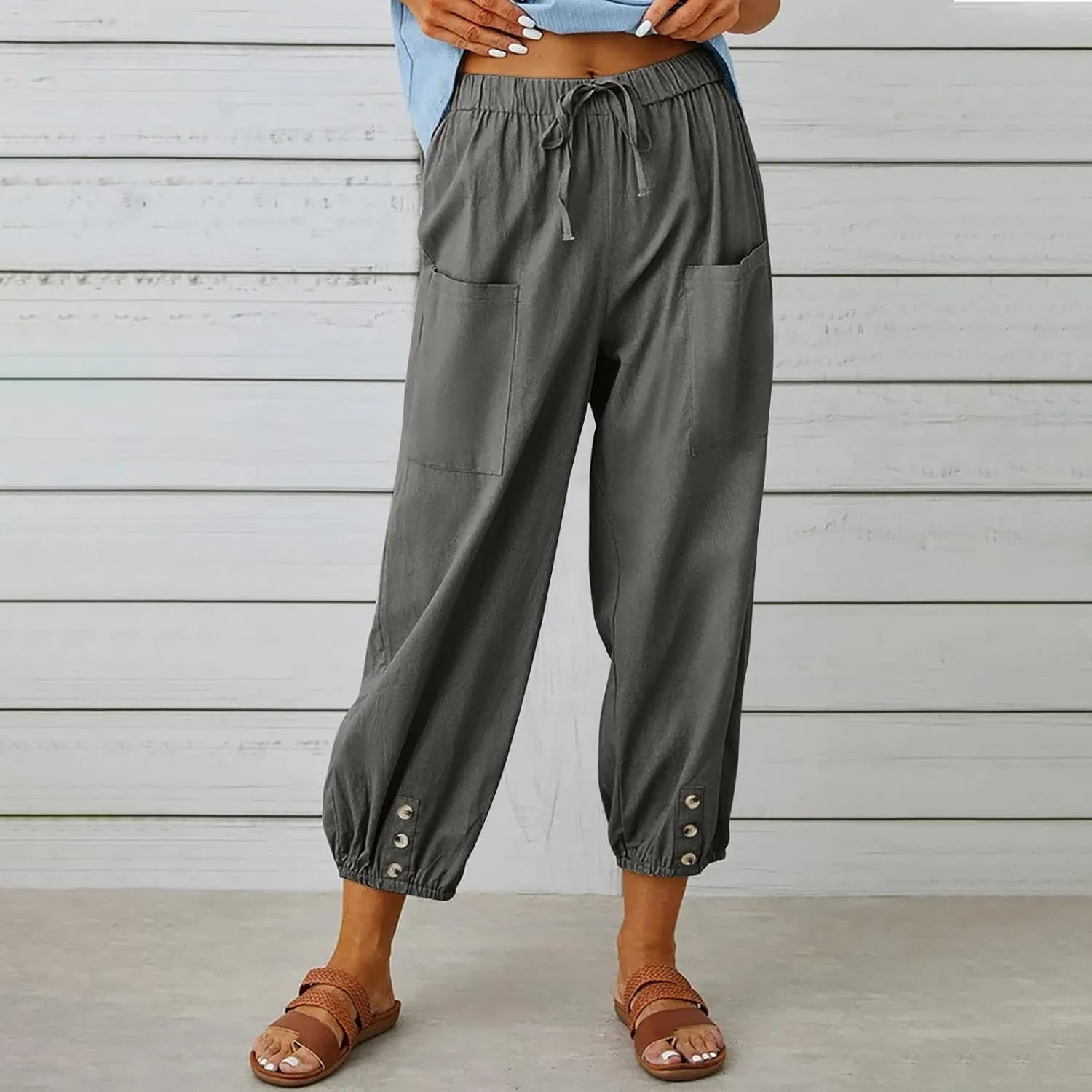 Women's Cropped Drawstring Waist Wide Leg Loose Cotton Linen Capri Pants for Women