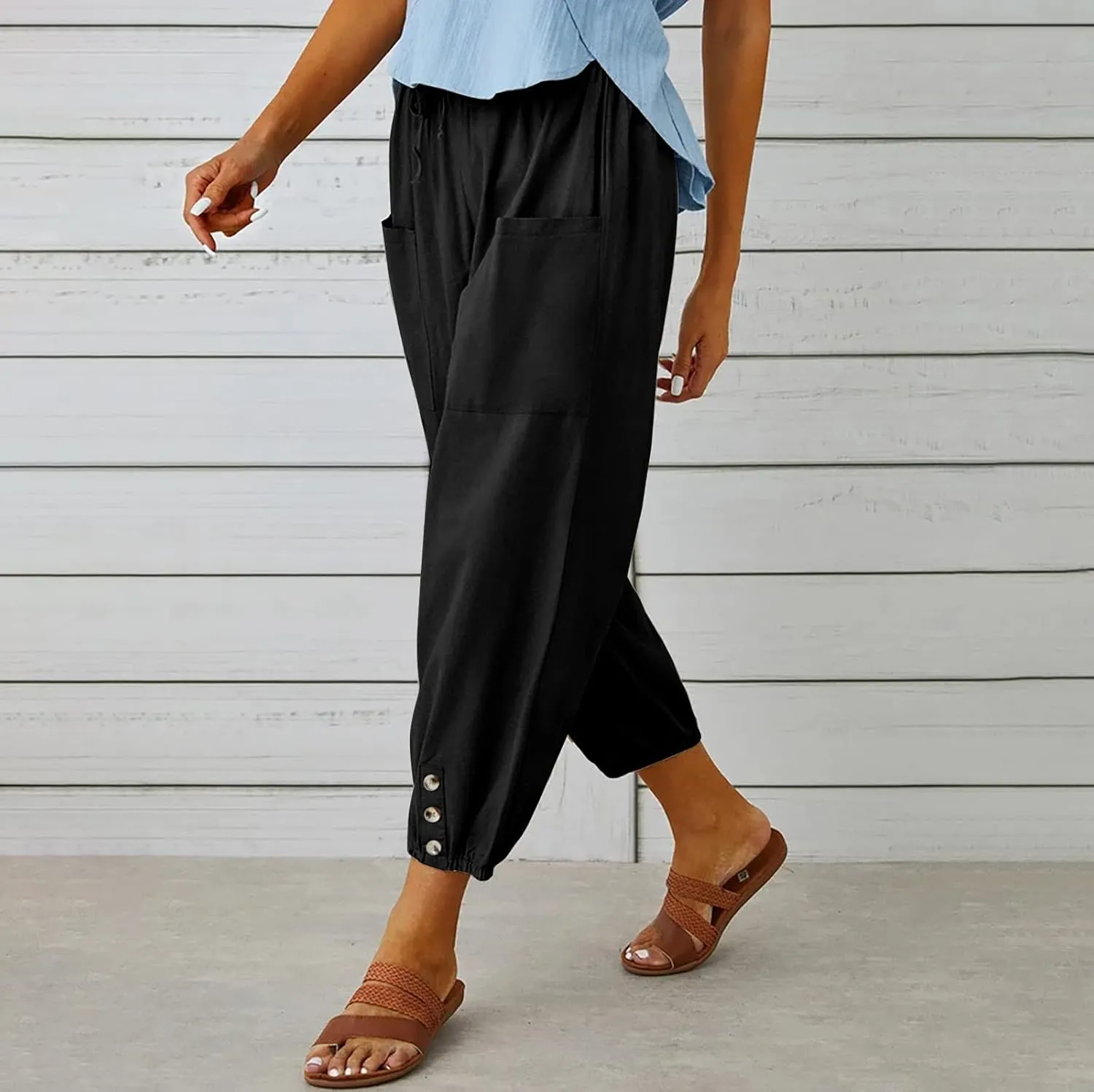 Women's Cropped Drawstring Waist Wide Leg Loose Cotton Linen Capri Pants for Women