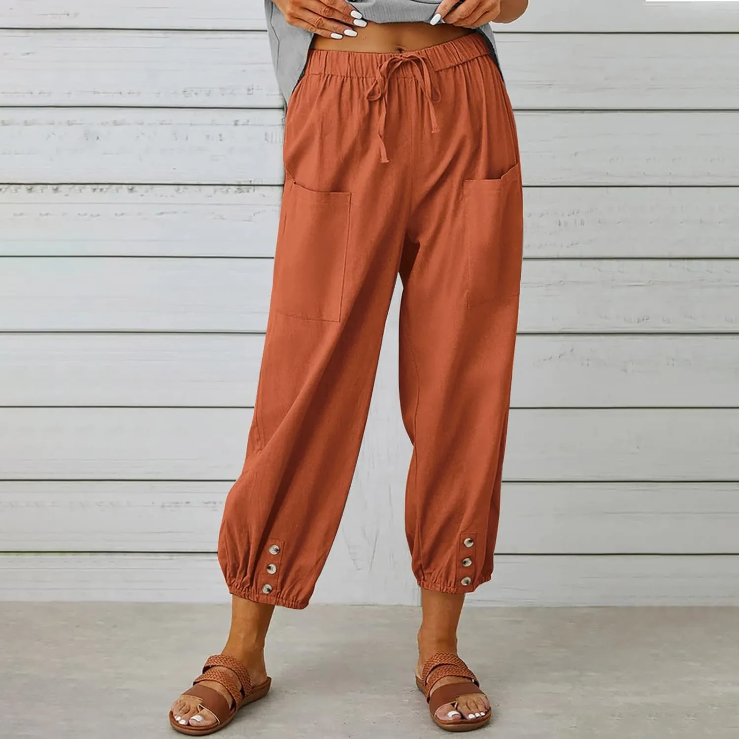 Women's Cropped Drawstring Waist Wide Leg Loose Cotton Linen Capri Pants for Women