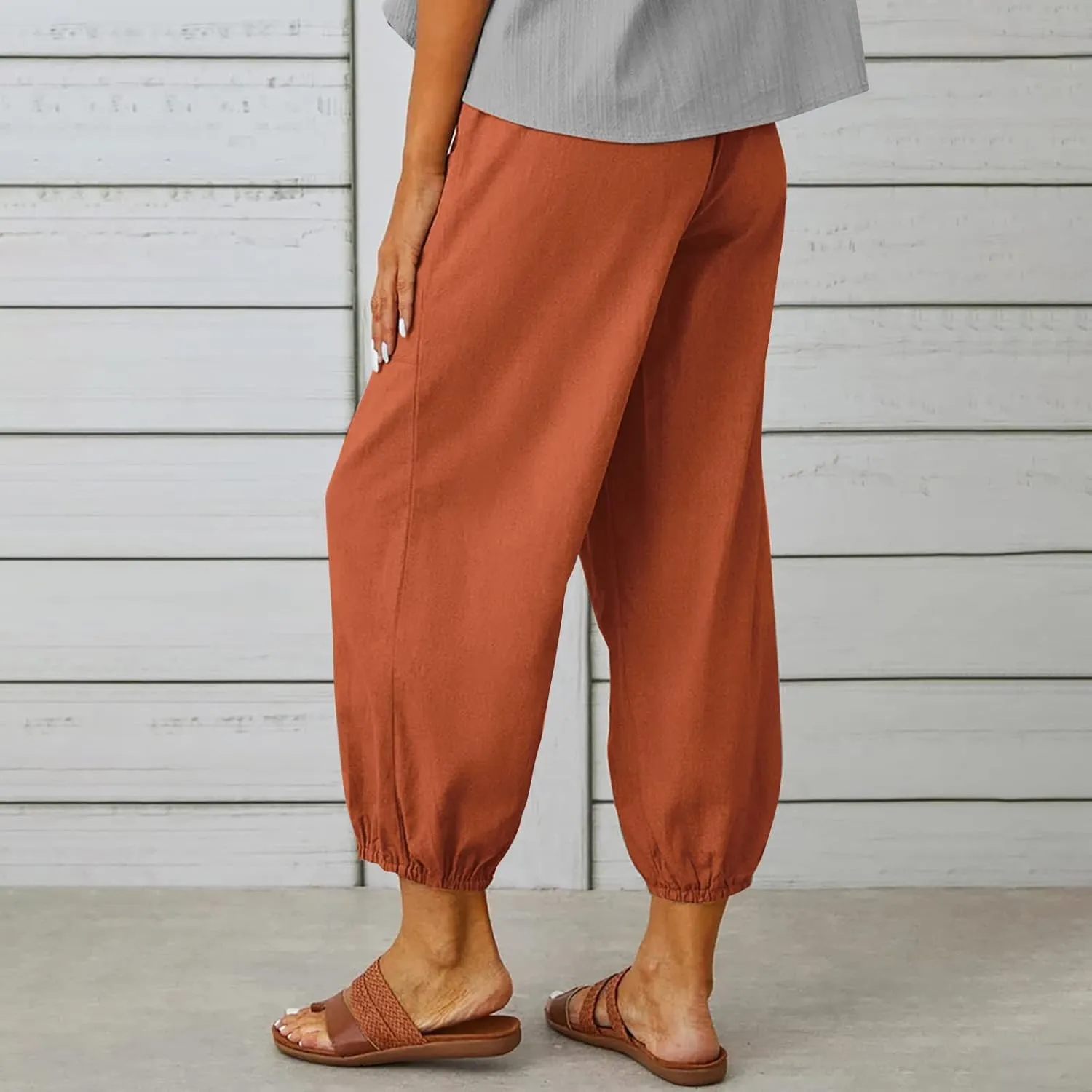 Women's Cropped Drawstring Waist Wide Leg Loose Cotton Linen Capri Pants for Women