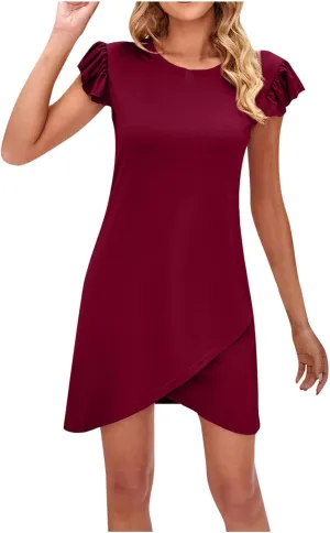 Womens Cross Hem Skirt Ruffle Sleeves Sweet Crew Neck Unique Dress High Waist Ruffle Hem Bodycon Short Mini Dress Beach Dress