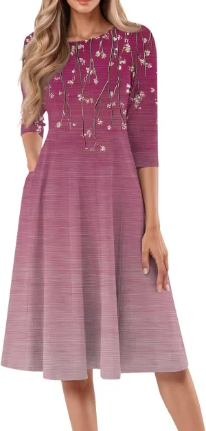Women's Cute Summer Dresses Neck Three Quarter Sleeves Floral Print Loose Boho Flowy with Pockets Midi Dress, S-3XL