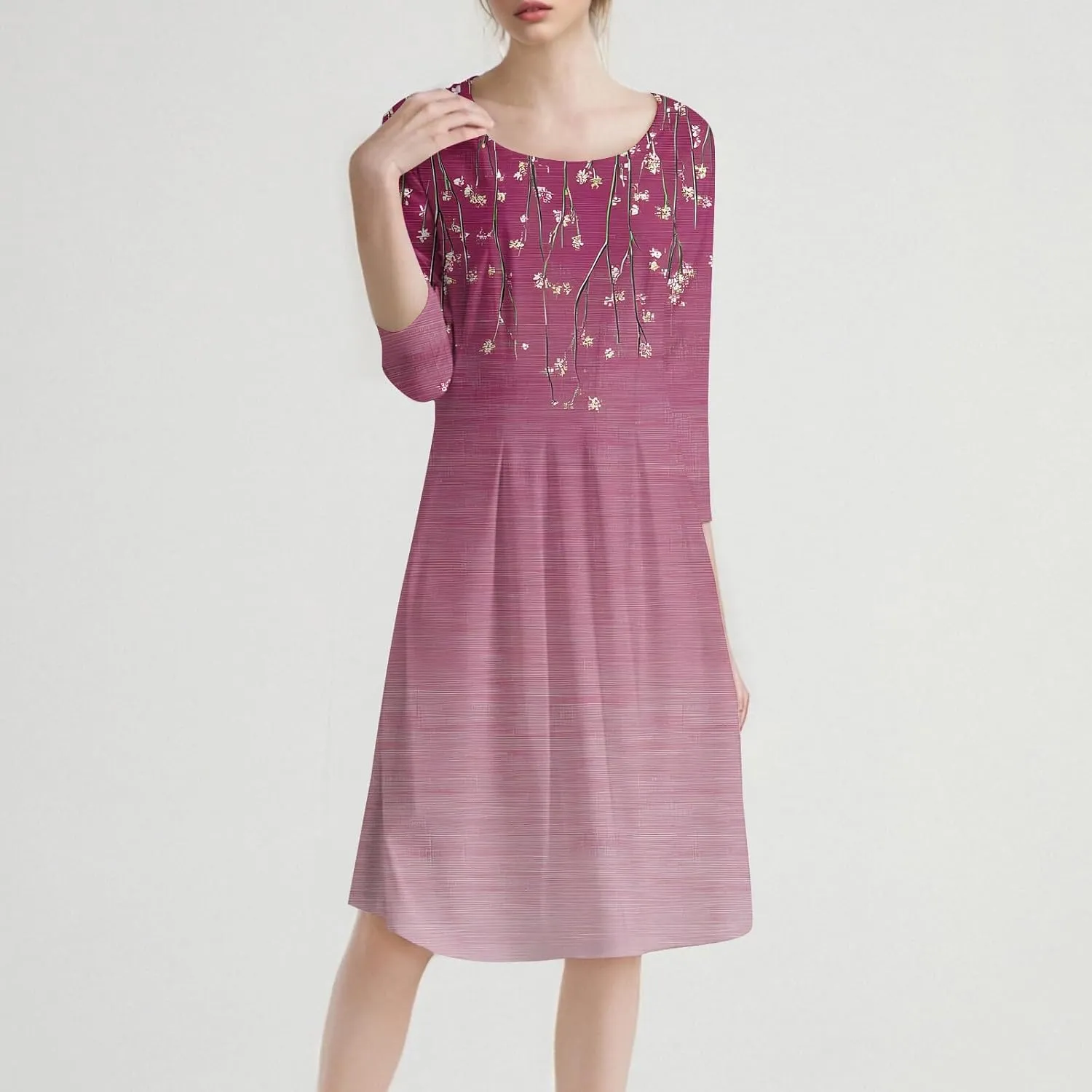 Women's Cute Summer Dresses Neck Three Quarter Sleeves Floral Print Loose Boho Flowy with Pockets Midi Dress, S-3XL