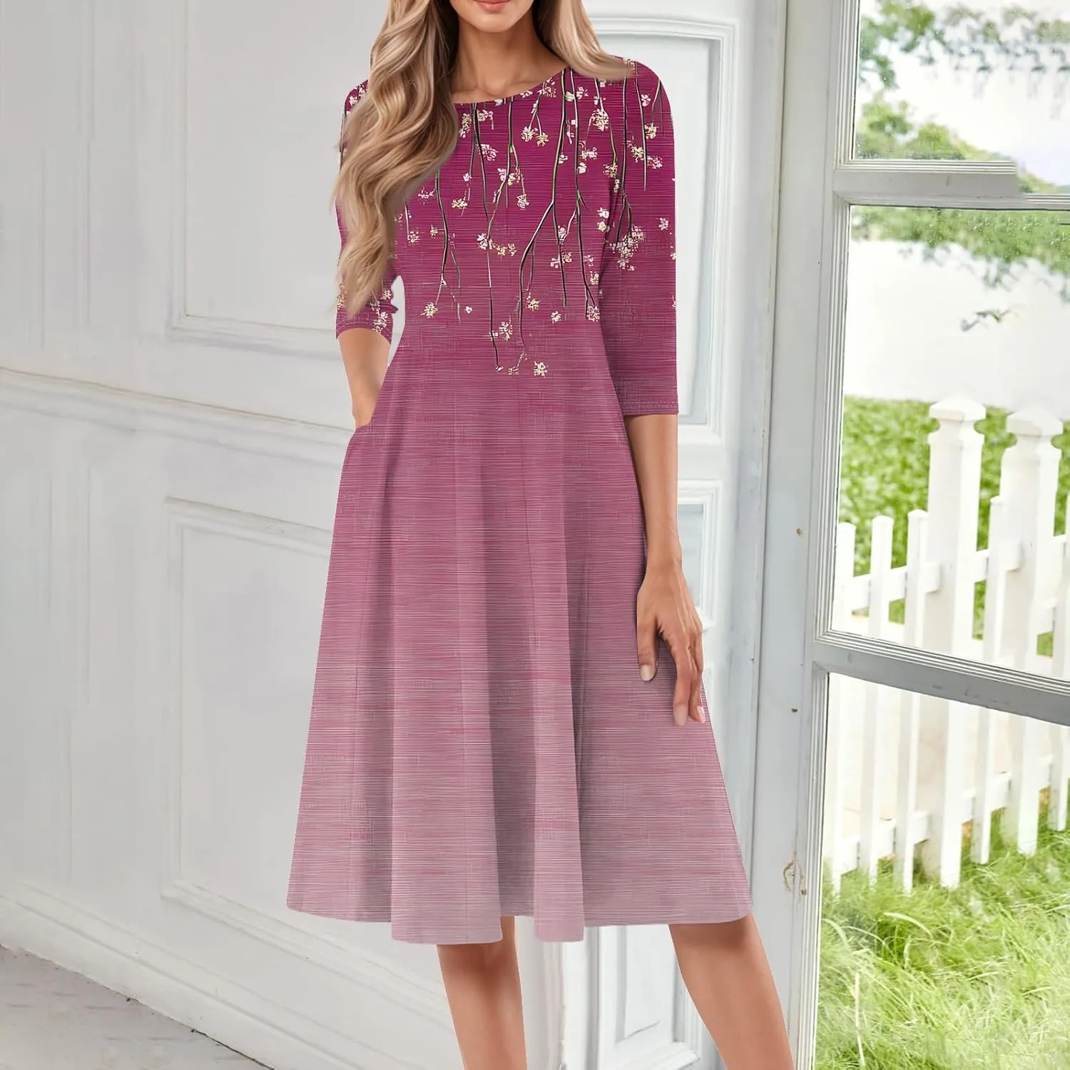 Women's Cute Summer Dresses Neck Three Quarter Sleeves Floral Print Loose Boho Flowy with Pockets Midi Dress, S-3XL