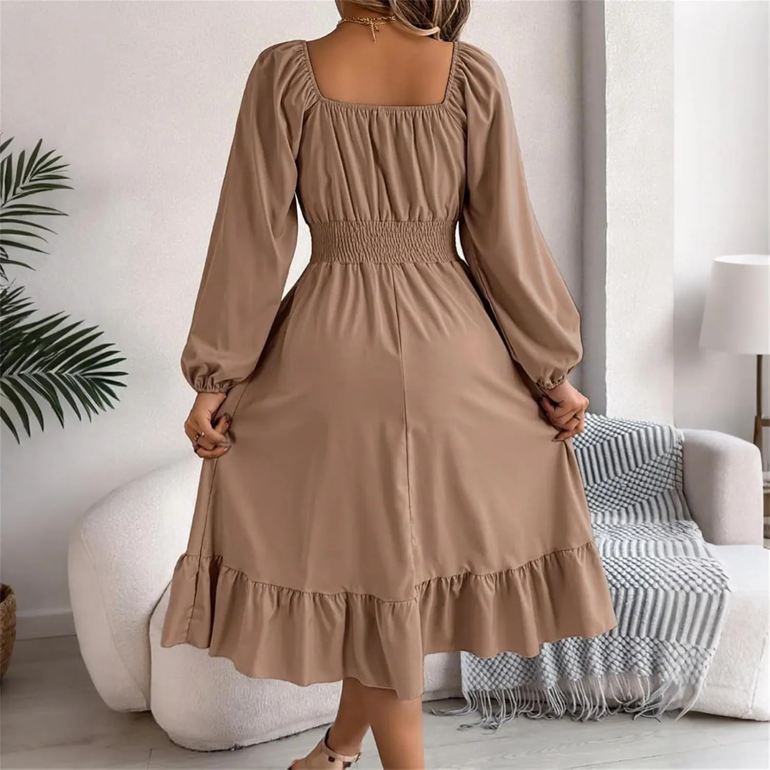 Womens Dress Long Lantern Sleeve Square Neck Elastic Waist Ruffle Flowy Swing A-Line Short Dresses 2025 Spring Fashion