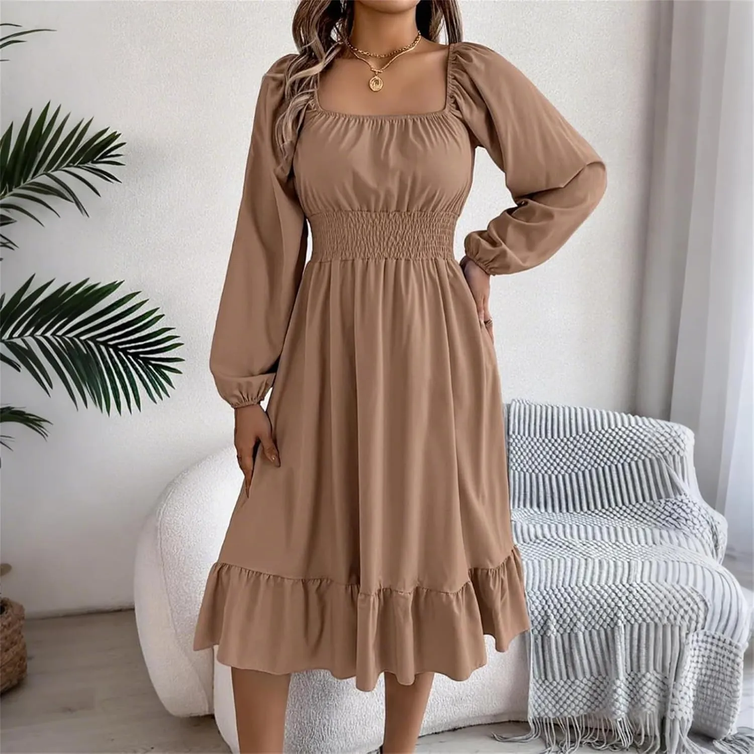 Womens Dress Long Lantern Sleeve Square Neck Elastic Waist Ruffle Flowy Swing A-Line Short Dresses 2025 Spring Fashion