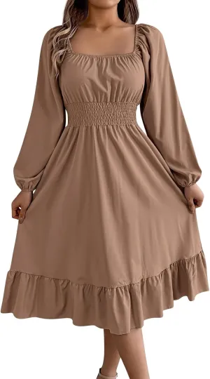 Womens Dress Long Lantern Sleeve Square Neck Elastic Waist Ruffle Flowy Swing A-Line Short Dresses 2025 Spring Fashion