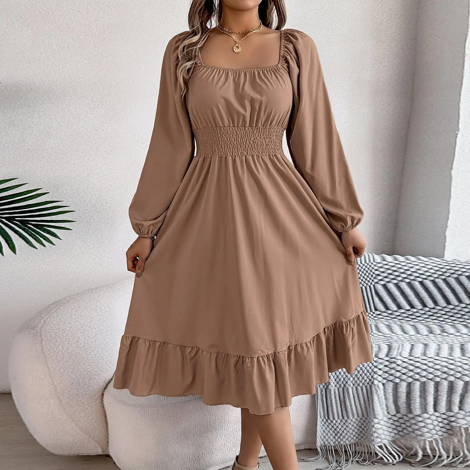 Womens Dress Long Lantern Sleeve Square Neck Elastic Waist Ruffle Flowy Swing A-Line Short Dresses 2025 Spring Fashion