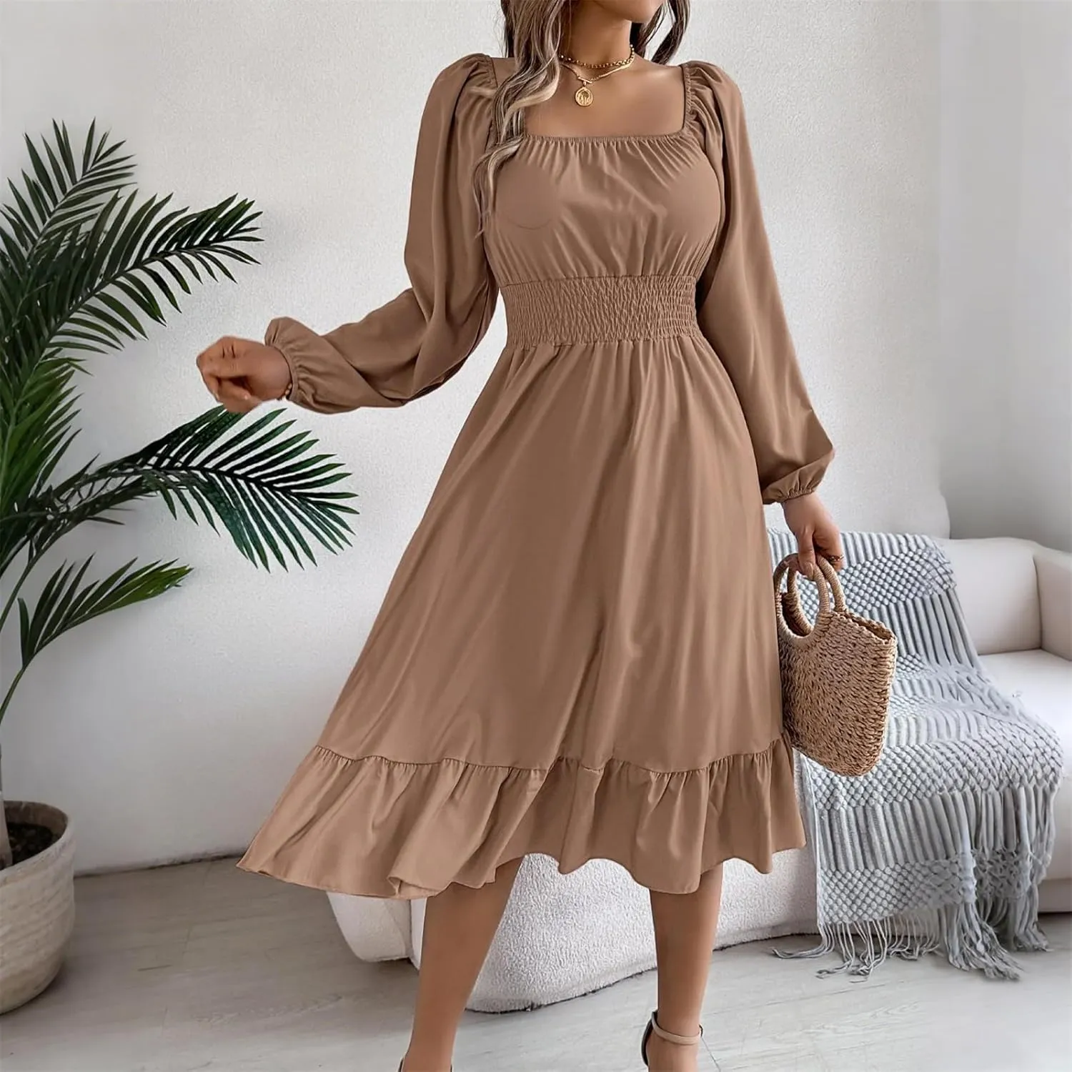 Womens Dress Long Lantern Sleeve Square Neck Elastic Waist Ruffle Flowy Swing A-Line Short Dresses 2025 Spring Fashion