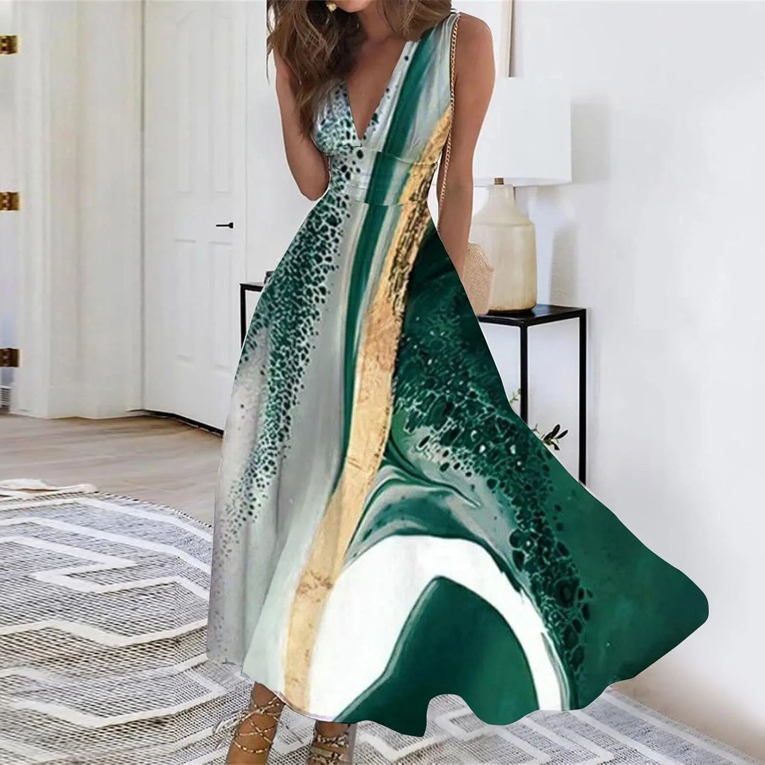 Womens Dresses Floral Print Wrap V Neck Sundresses Flowy Ruched Sleeveless Boho Dress Spring Beach Dress