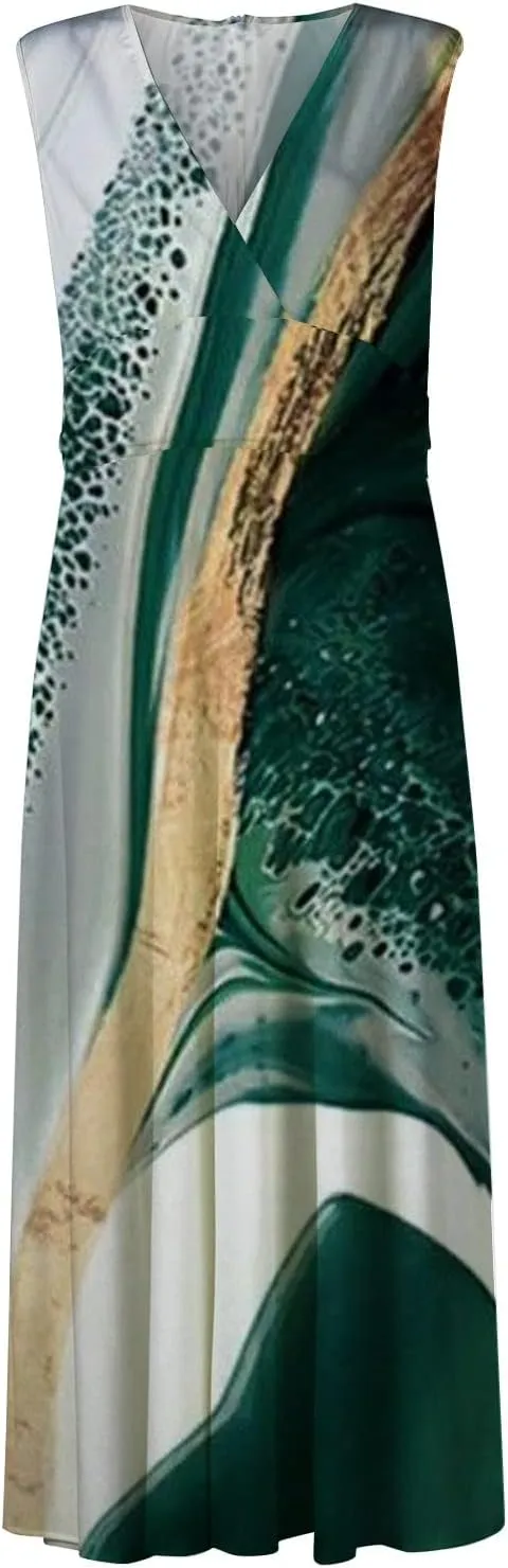 Womens Dresses Floral Print Wrap V Neck Sundresses Flowy Ruched Sleeveless Boho Dress Spring Beach Dress