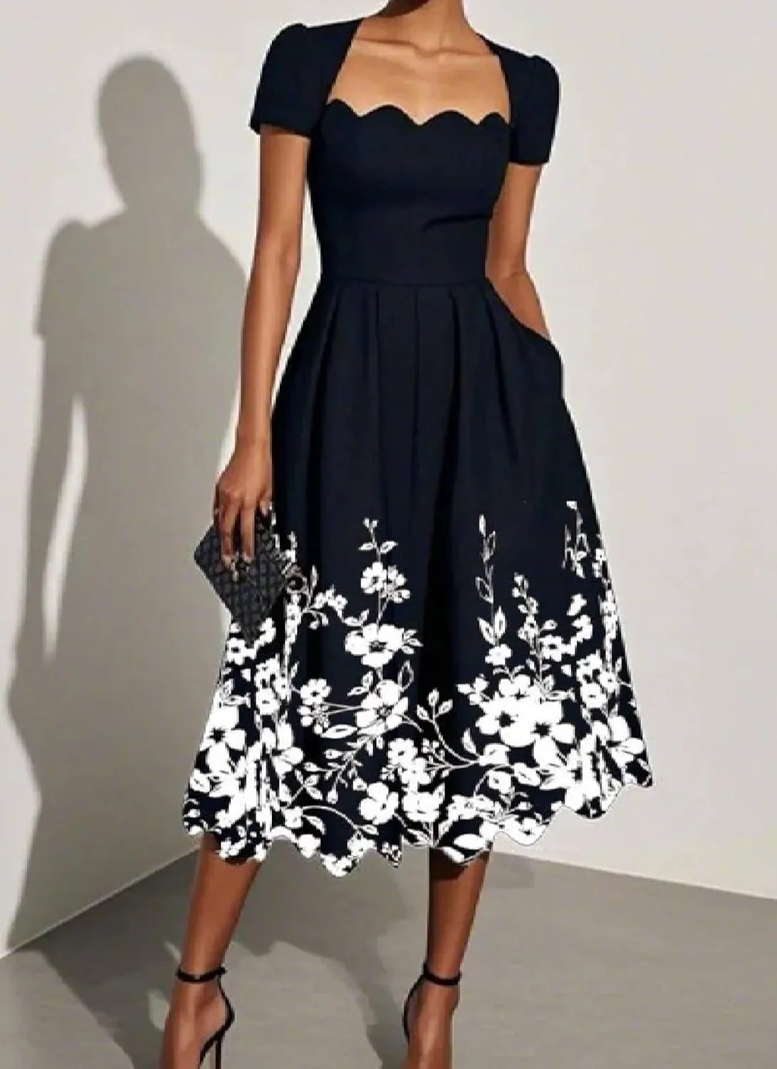Women's Dresses Square Neck Puff Sleeve Midi Dress 2025 Summer Elegant Floral Print A Line Cocktail Dress