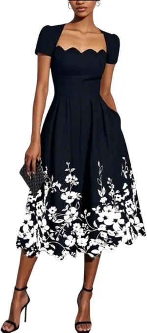 Women's Dresses Square Neck Puff Sleeve Midi Dress 2025 Summer Elegant Floral Print A Line Cocktail Dress