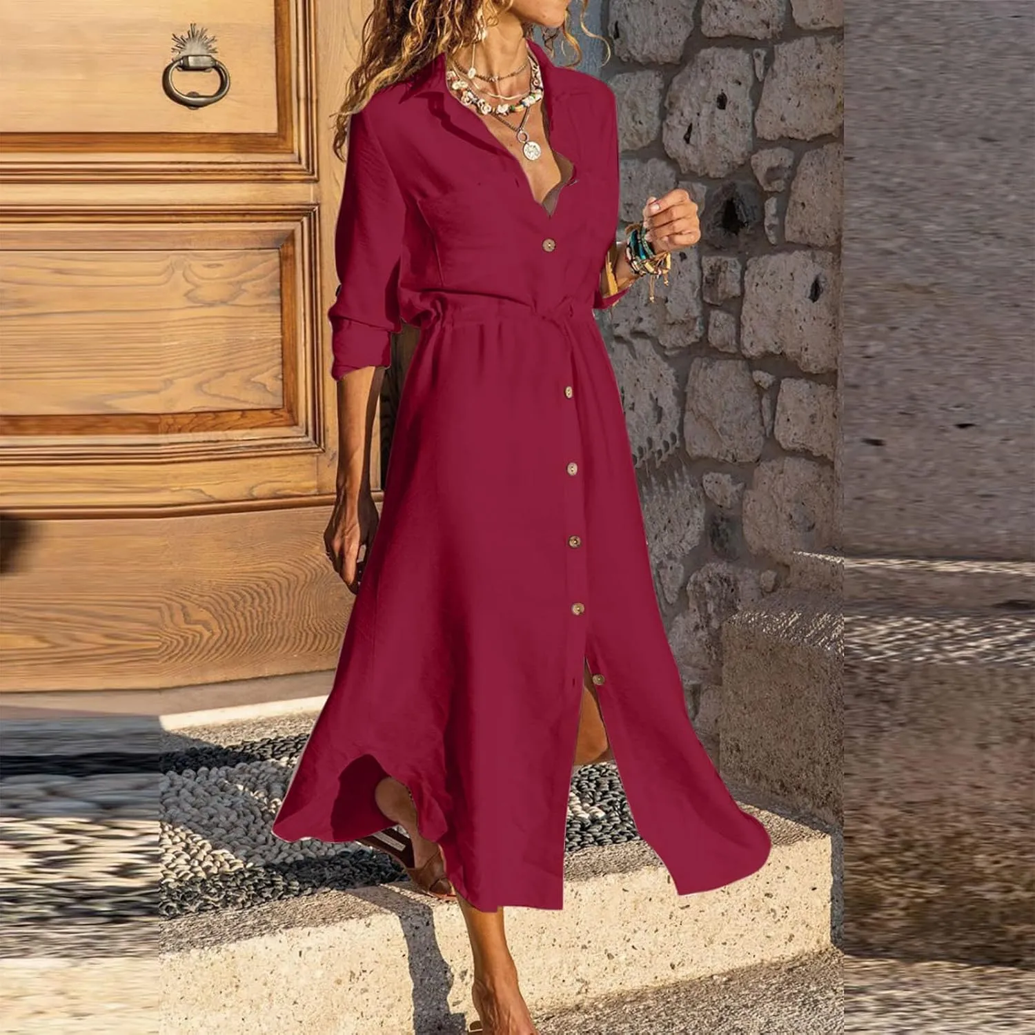 Womens Dresses Summer Casual Cotton Linen Button Down Collared V Neck Shirt Dress Loose Beach Flowy Sundress