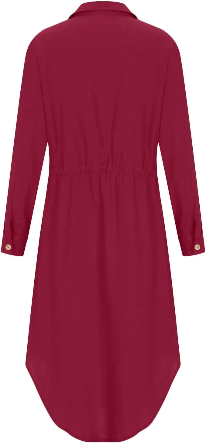 Womens Dresses Summer Casual Cotton Linen Button Down Collared V Neck Shirt Dress Loose Beach Flowy Sundress