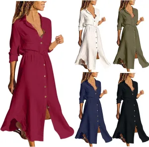 Womens Dresses Summer Casual Cotton Linen Button Down Collared V Neck Shirt Dress Loose Beach Flowy Sundress