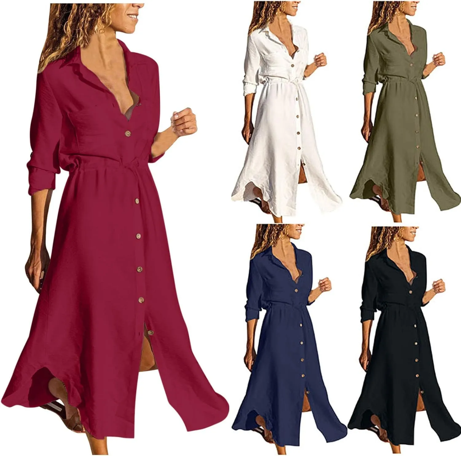 Womens Dresses Summer Casual Cotton Linen Button Down Collared V Neck Shirt Dress Loose Beach Flowy Sundress