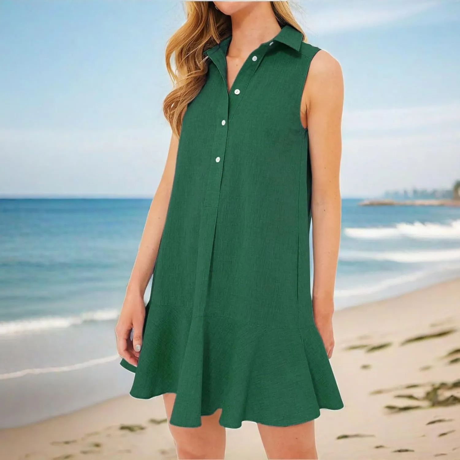 Womens Dresses Summer Loose Fit Dress Sleeveless Collared Button Down Mini Dress Ruffle Hem Dresses 2025