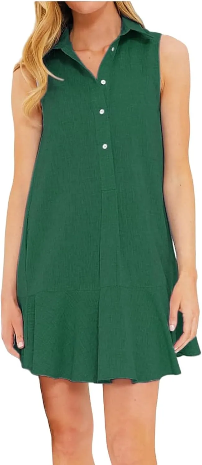 Womens Dresses Summer Loose Fit Dress Sleeveless Collared Button Down Mini Dress Ruffle Hem Dresses 2025