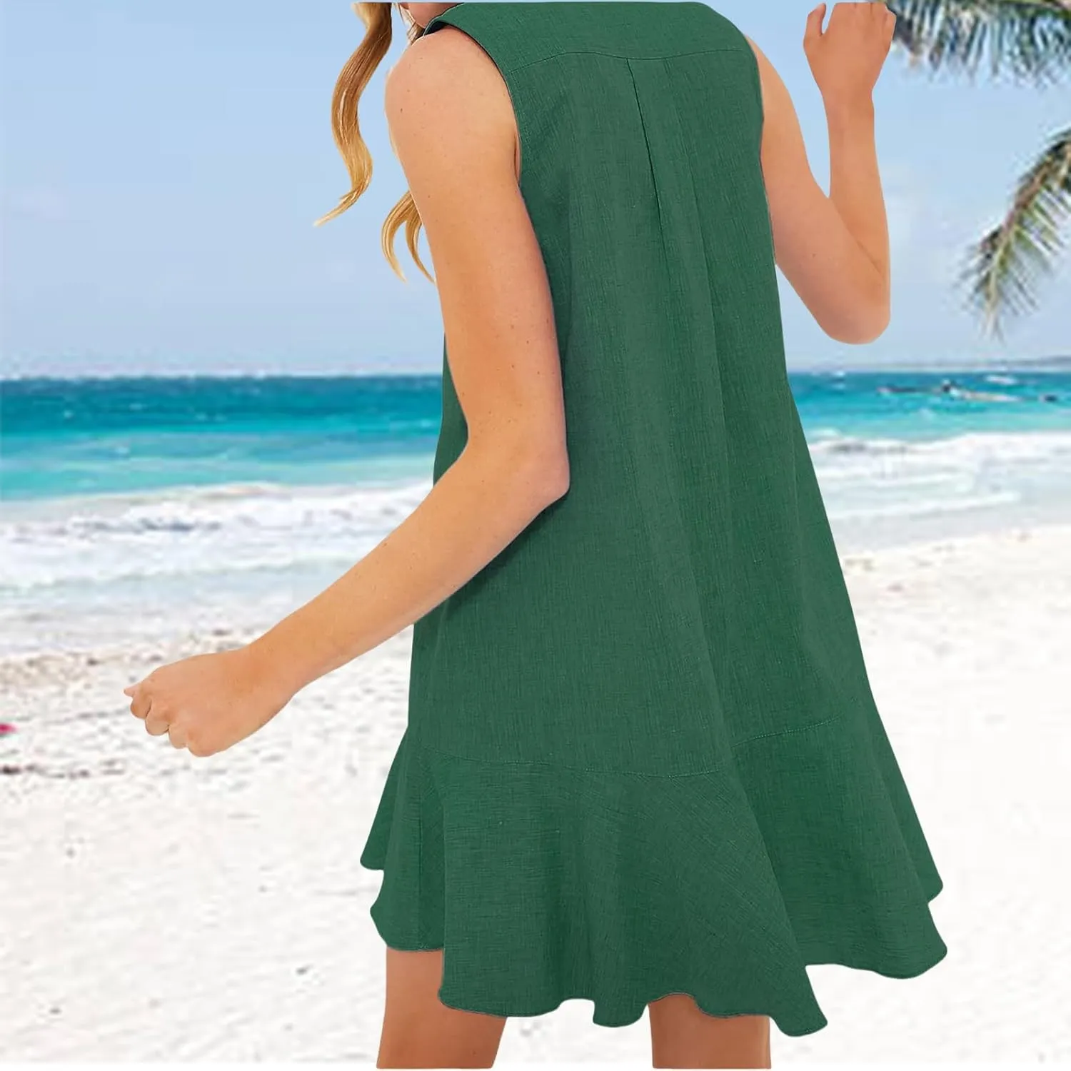 Womens Dresses Summer Loose Fit Dress Sleeveless Collared Button Down Mini Dress Ruffle Hem Dresses 2025