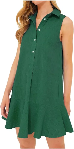 Womens Dresses Summer Loose Fit Dress Sleeveless Collared Button Down Mini Dress Ruffle Hem Dresses 2025