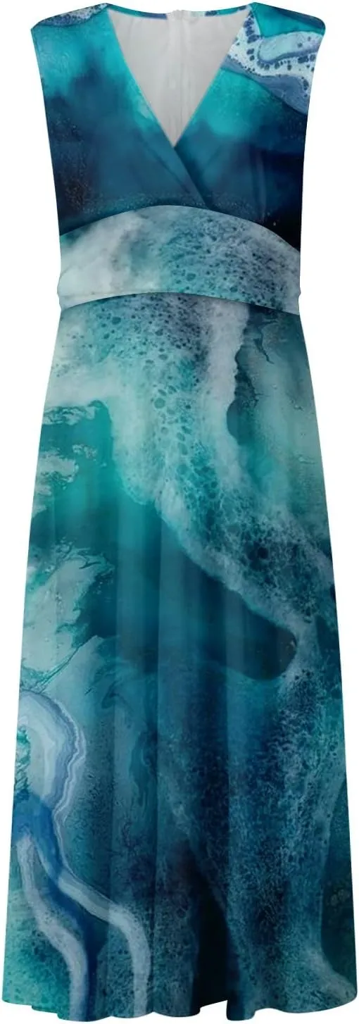 Womens Dresses Wrap V Neck Flowy Ruched Beach Dresses Sleeveless Floral Print Sundresses Elegant Maxi Dress