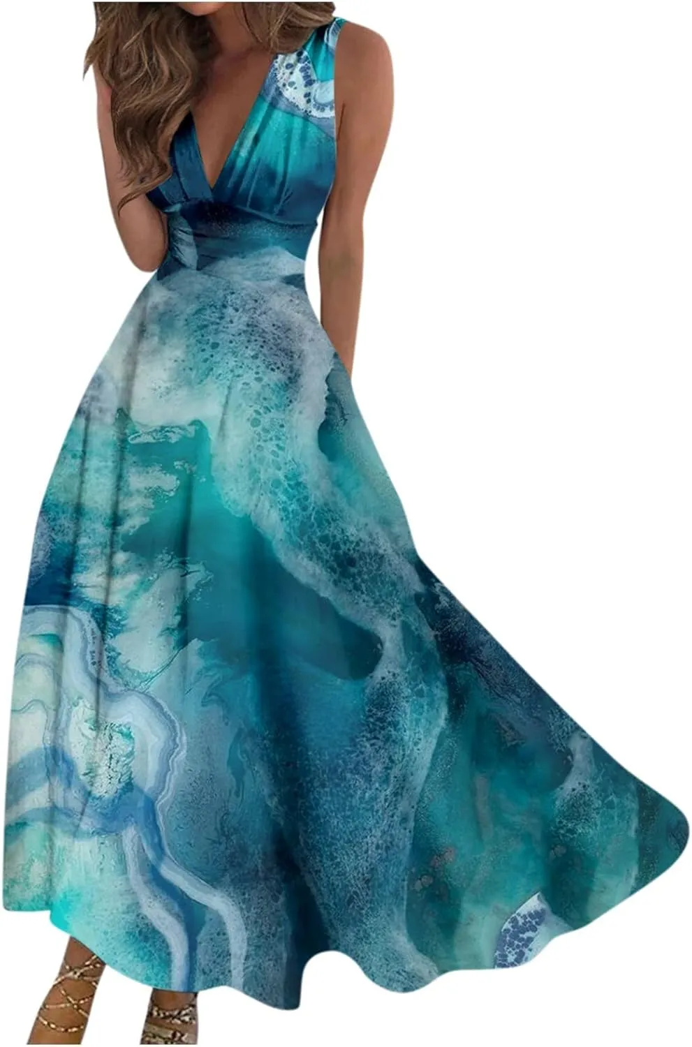 Womens Dresses Wrap V Neck Flowy Ruched Beach Dresses Sleeveless Floral Print Sundresses Elegant Maxi Dress