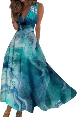 Womens Dresses Wrap V Neck Flowy Ruched Beach Dresses Sleeveless Floral Print Sundresses Elegant Maxi Dress