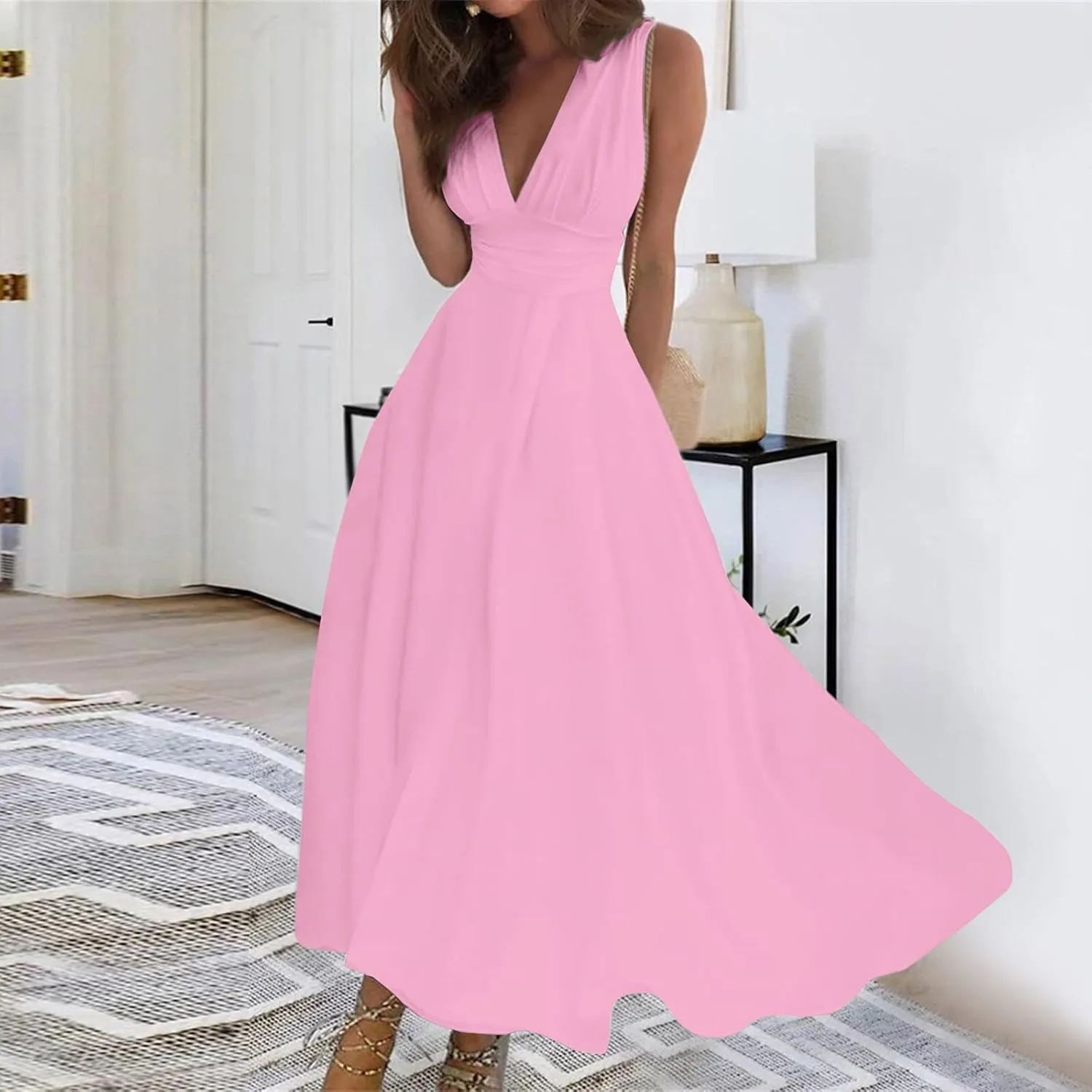 Womens Dresses Wrap V Neck Flowy Ruched Sundresses Floral Print Sleeveless Boho Dress Elegant Beach Dresses