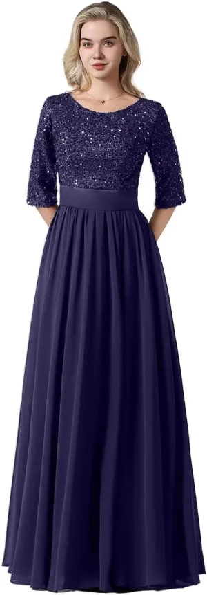 Women's Elegant A-Line Sequin Formal Dress Crew Neck Empire Waist Half Sleeve Chiffon Maxi Evening Dress
