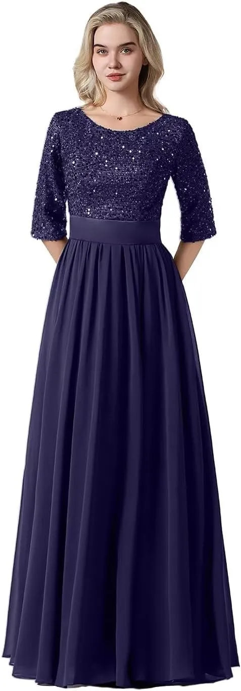 Women's Elegant A-Line Sequin Formal Dress Crew Neck Empire Waist Half Sleeve Chiffon Maxi Evening Dress