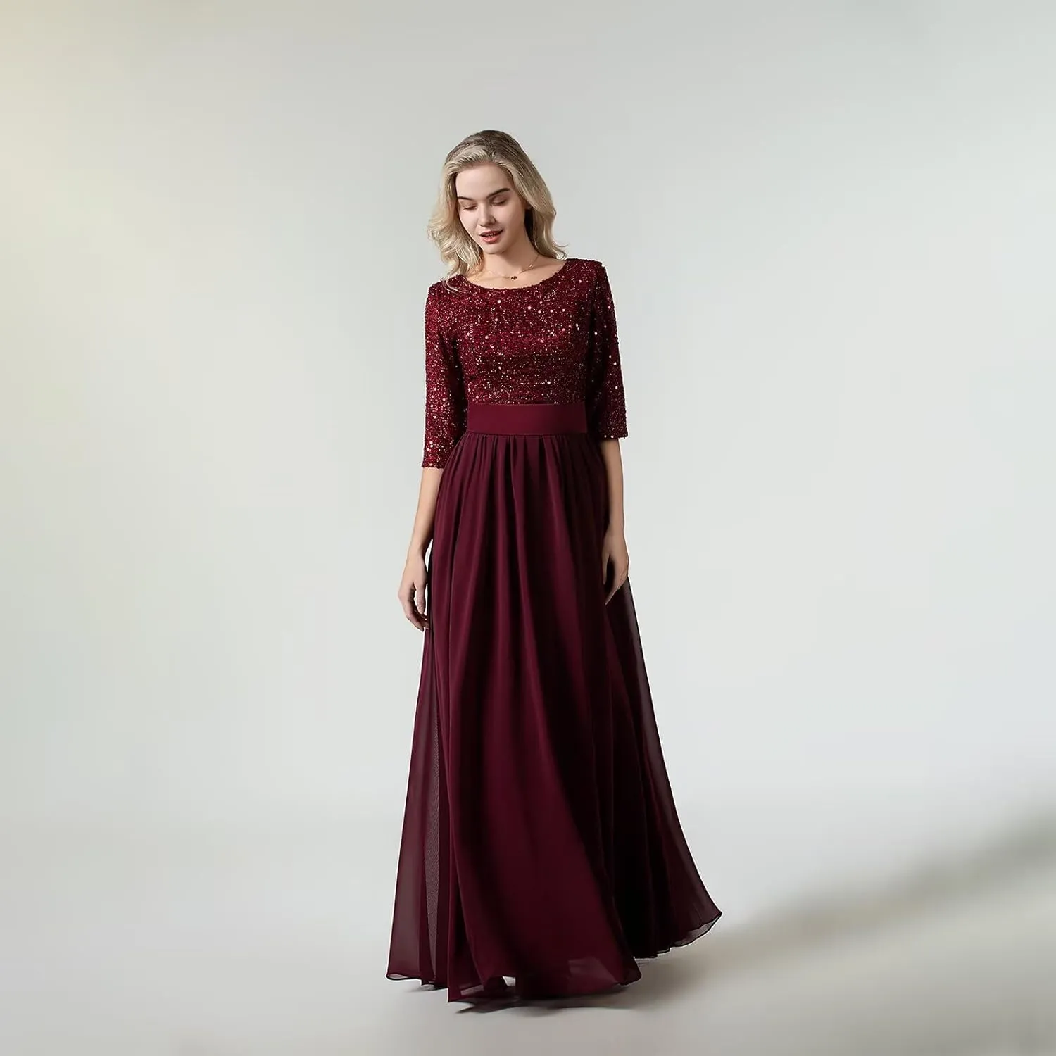 Women's Elegant A-Line Sequin Formal Dress Crew Neck Empire Waist Half Sleeve Chiffon Maxi Evening Dress