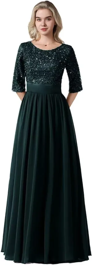 Women's Elegant A-Line Sequin Formal Dress Crew Neck Empire Waist Half Sleeve Chiffon Maxi Evening Dress