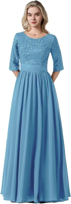 Women's Elegant A-Line Sequin Formal Dress Crew Neck Empire Waist Half Sleeve Chiffon Maxi Evening Dress