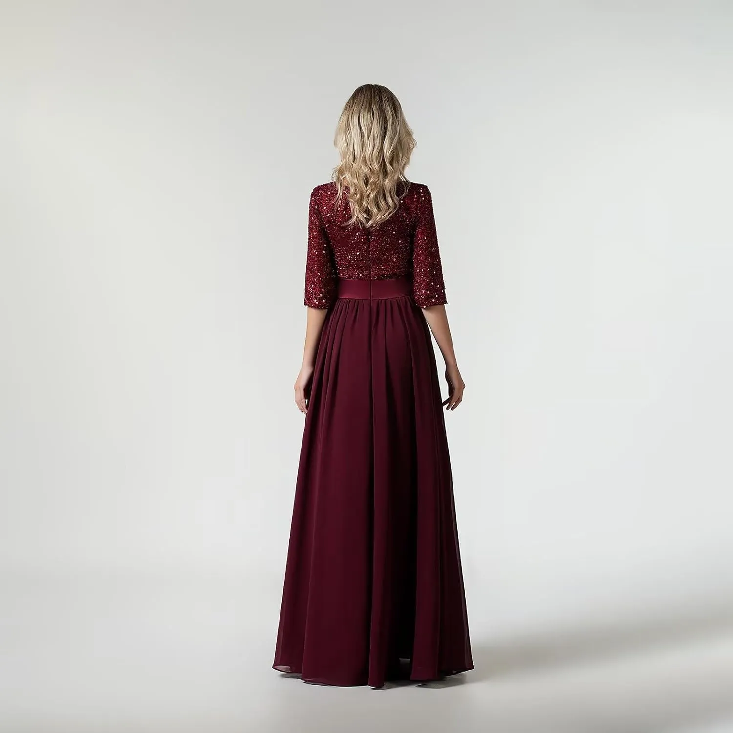 Women's Elegant A-Line Sequin Formal Dress Crew Neck Empire Waist Half Sleeve Chiffon Maxi Evening Dress