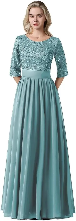 Women's Elegant A-Line Sequin Formal Dress Crew Neck Empire Waist Half Sleeve Chiffon Maxi Evening Dress
