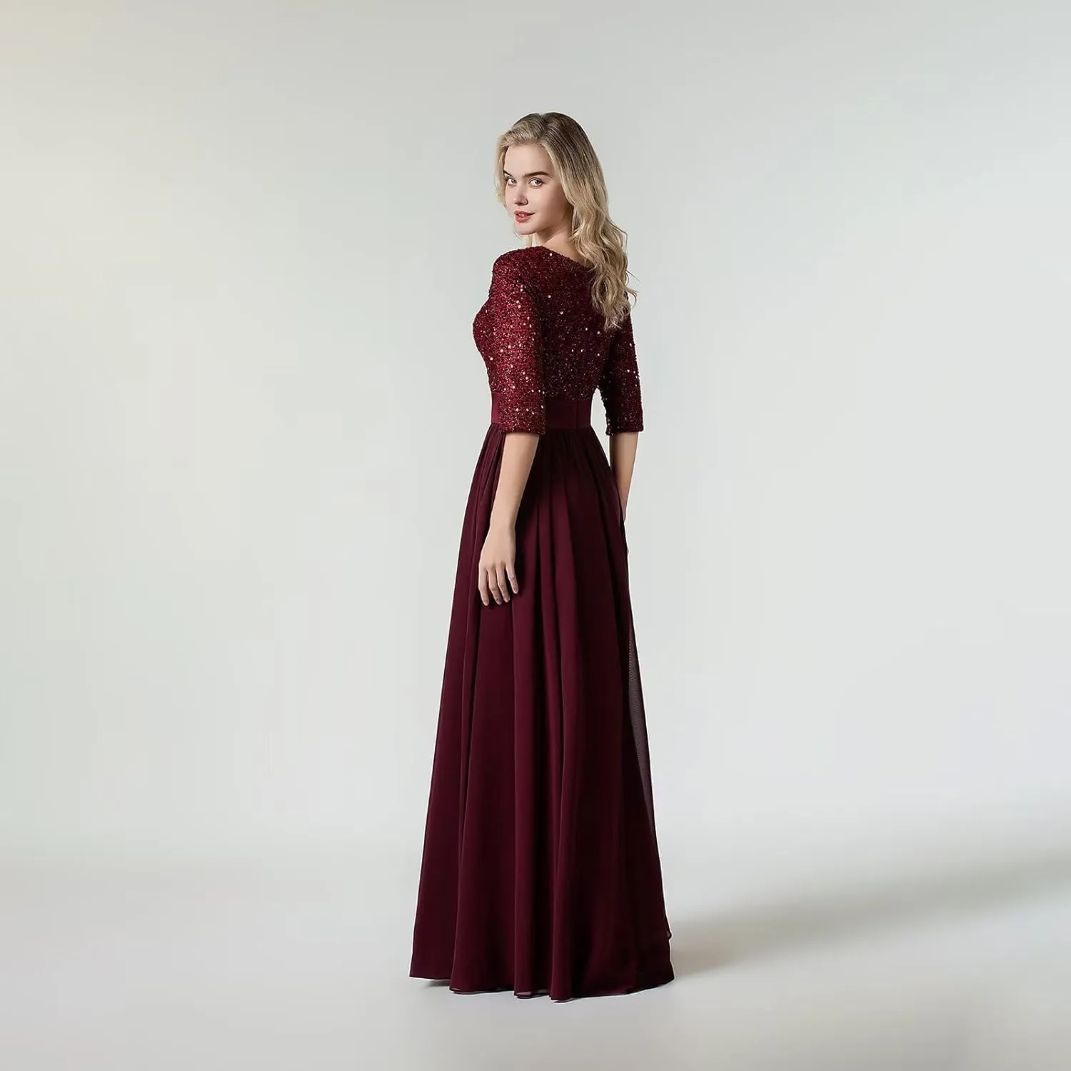 Women's Elegant A-Line Sequin Formal Dress Crew Neck Empire Waist Half Sleeve Chiffon Maxi Evening Dress