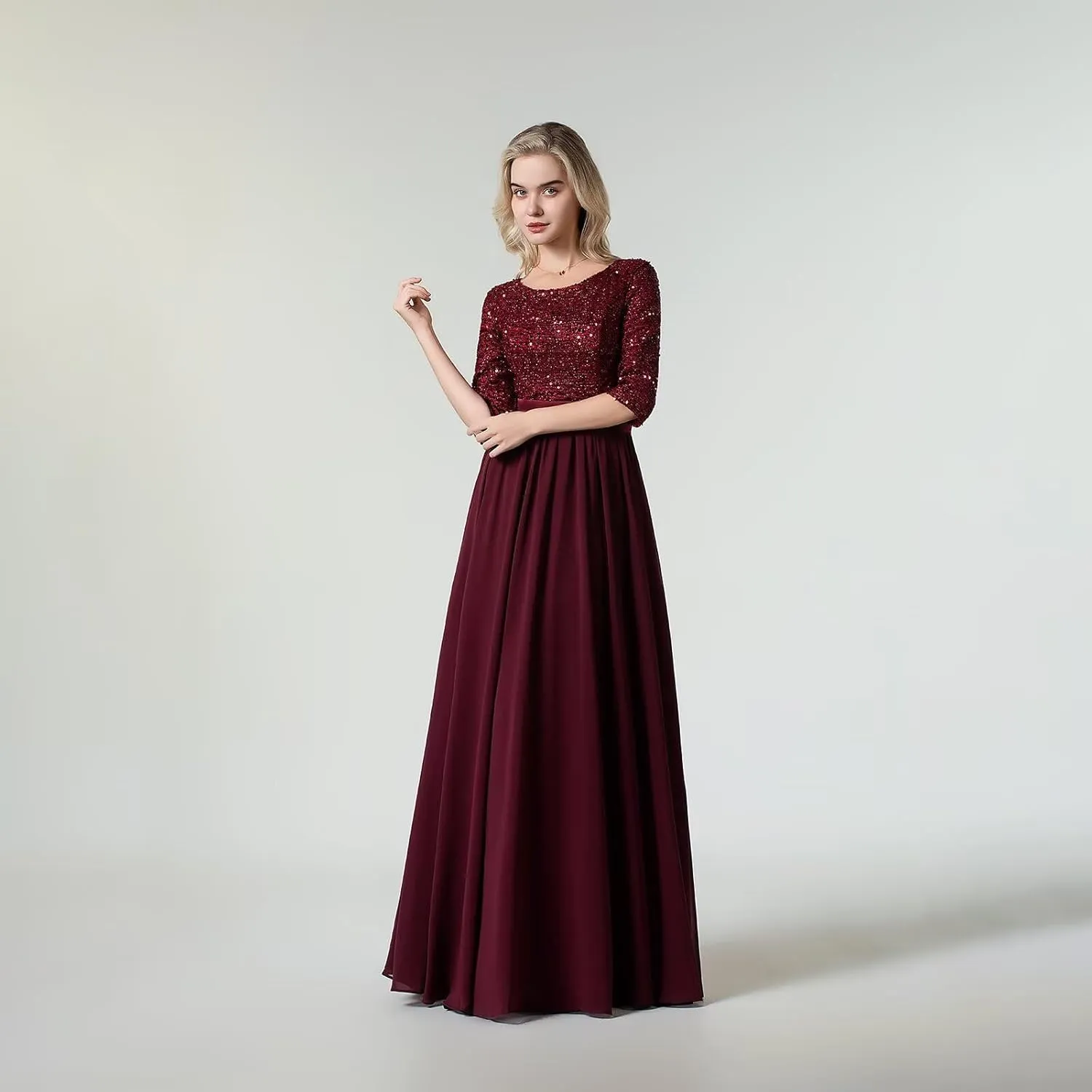 Women's Elegant A-Line Sequin Formal Dress Crew Neck Empire Waist Half Sleeve Chiffon Maxi Evening Dress
