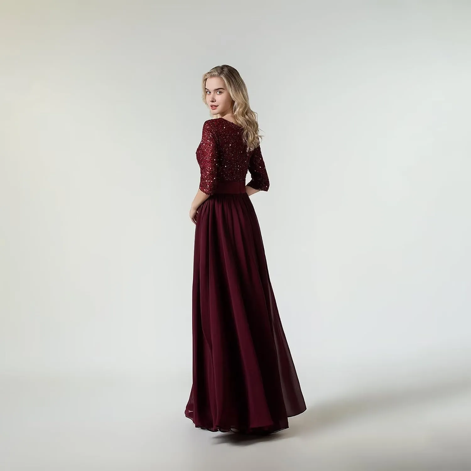 Women's Elegant A-Line Sequin Formal Dress Crew Neck Empire Waist Half Sleeve Chiffon Maxi Evening Dress