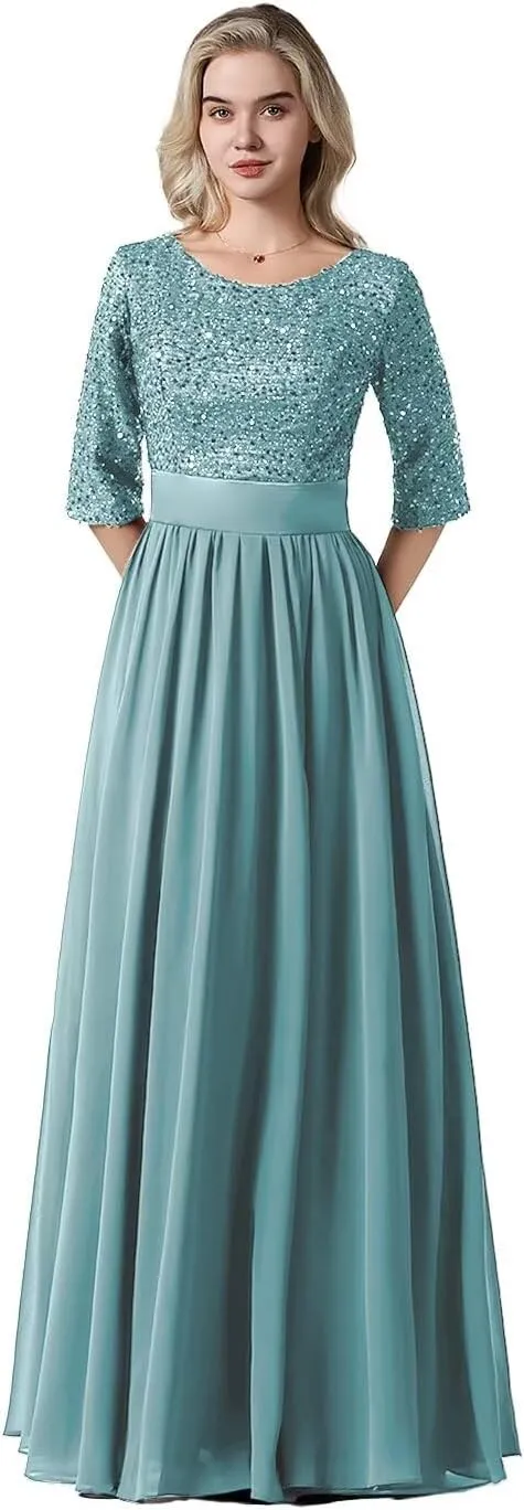 Women's Elegant A-Line Sequin Formal Dress Crew Neck Empire Waist Half Sleeve Chiffon Maxi Evening Dress