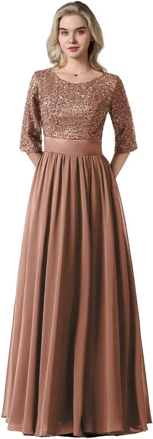 Women's Elegant A-Line Sequin Formal Dress Crew Neck Empire Waist Half Sleeve Chiffon Maxi Evening Dress